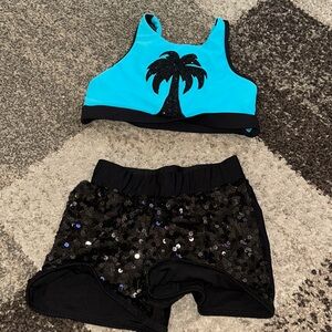 Blue and Black Palm Tree Top with Sequin Shorts